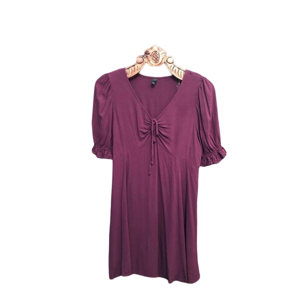 Wild Fable Cinched Gathered Bust Ruffle Puff Sleeves Burgundy A Line Mini Dress